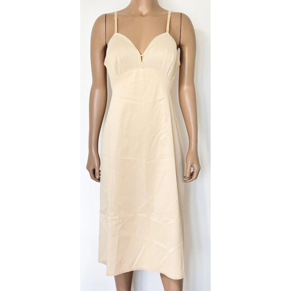 Vintage Shapewear Vanity Fair Full Slip Night Dress 36 Tall Nude Lace Nylon